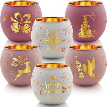 Pink Christmas Candle Holder Set of 6, Glass Votive Tealight Holder with 6 Laser Engraving Patterns for Winter Xmas Table Centerpiece Decoration