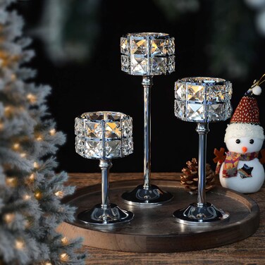 Kehail Crystal Metal Candle Holder, Square Crystal Beads Bling Tea Light Candlestick, Tall Votive Candelabra Elegant Centerpiece for Table Wedding Decoration, Home Decor (Silver, Set of 3)