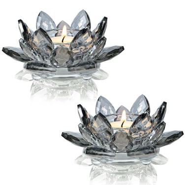 Lotus Black Crystal Candlestick 2-Piece Tealight Candle Set, Black Glass Votive Candle Holder for Tabletop Dining Table Center Decoration Ideal Candle Holder for Wedding Valentine's Day Decoration