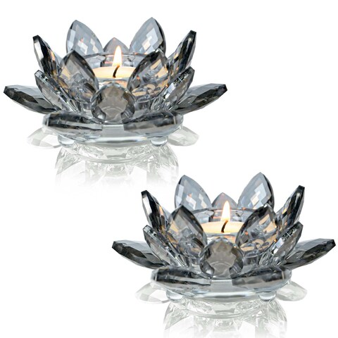 Lotus Black Crystal Candlestick 2-Piece Tealight Candle Set, Black Glass Votive Candle Holder for Tabletop Dining Table Center Decoration Ideal Candle Holder for Wedding Valentine&#39;s Day Decoration