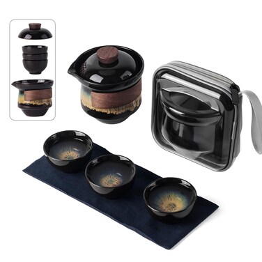 Portable Kungfu Teapot Tea Pot Set, Ceramic Gongfu Teaset with 3 cup for One Set in One Bag, Travel Tea Set Tea Pot for Tea Lovers Home Hotel Office Outdoor Picnic
