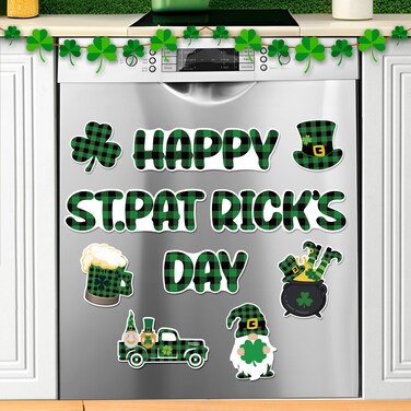 St. Patrick&acirc;&euro;&trade;s Day Dishwasher Magnetic Decorations, Green Plaid Happy St Patrick&acirc;&euro;&trade;s Day Refrigerator Magnets Gnomes Clover Shamrock Magnetic Cover for Fridge Irish Holiday Kitchen Magnets Car Decor
