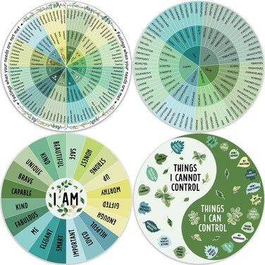 Kanayu 4 Pcs Feelings Wheel Magnet 7 Inch Therapy Emotion Wheel Magnet Magnetic Mental Feeling Chart Social Work Magnet for Kid Counselor Social Worker School Office Emotional Fridge (Greenery)