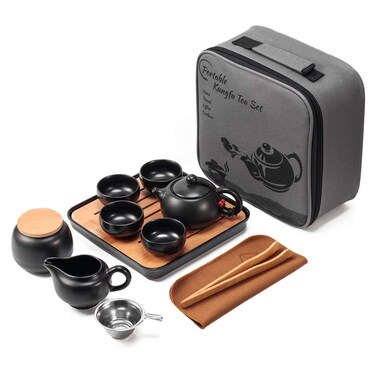 Lyty Chinese Tea Pot Cup Set with Tray Infuser - Travel Ceramic Tea set Porcelain Teapot, Portable All in One Bag for Outdoor Picnic Business Hotel (Black)