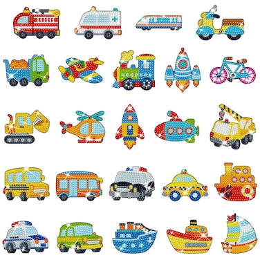 Capoda 24 Pcs Transports Diamond Painting Magnet for Kids Valentine Car Fridge Magnet Diamond Painting Kits Truck DIY Diamond Painting Art Magnets for Valentine's Day Classroom Exchange Gift Art Craft