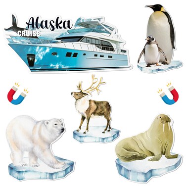 JAPBOR Cruise Door Decorations Magnetic - 5PCS Alaska Magnet, Alaskan Themed Magnetic Refrigerator Car Ship Stickers, Polar Bear Penguin Reindeer Fridge Magnets Decal for Cruise Party Decor