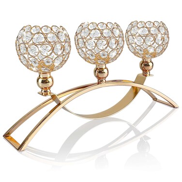 Crystal Candle Holders, Tealight Candlestick Candelabra Stand with 3 Arms,Candle Holder for Wedding Home Decor/Table Centerpiece Party Decoration (Gold)