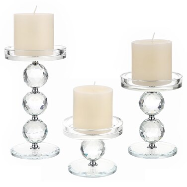 OwnMy Set of 3 Crystal Glass Pillar Candlestick Holders Votive Candle Holder Set, Clear Glass Tea Light Candle Stick Holders Pillar Candle Stand Modern Candle Centerpiece for Living Room Wedding Decor