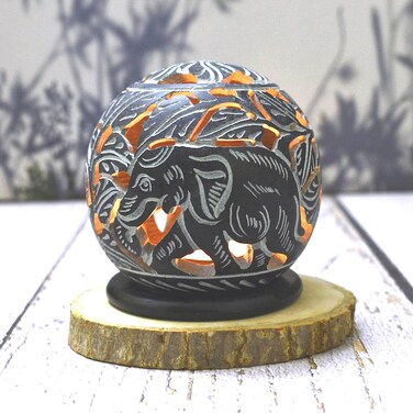 India House Soapstone Tealight Candle Holder - Hand Carved Sphere Black Tealight Holder Elephant Figure Decorative Lantern Intricate Tendril Openwork T-Light Holder Diwali (4 Inch)