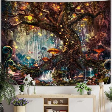 YEXIT Fairy Tales Magical Forest Tapestry, Nature Tree of Life with Elves Landscape Tapestry Wall Hanging for Living Room BedRoom Decoration Red 44&Atilde;&mdash;60 inche