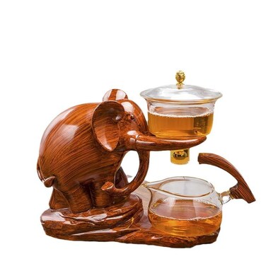 MOZEO Kungfu Glass Tea Set Drip Water Diversion Rotating Cover Bowl Semi-Automatic Glass Teapot Suit (Elephant, Teapot single)