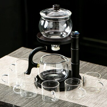 Zurucily Glass Teapot Set with Infuser Semi Automatic Tea Set Magic Teapot (Bamboo - black)
