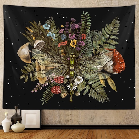 Boho Mushroom Dragonfly Tapestry for Bedroom Aesthetic, Vintage Botanical Plant Art Tapestries Wall Hanging for College Dorm Living Room Decor 80X60&quot;, Fairy Galaxy Poster Blanket