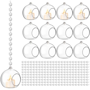 GlikCeil 34 Pcs 3.15'' Hanging Glass Tealight Holder Globe and Clear K9 Crystal Garland Strands, Hanging Glass Terrarium Glass containers for Wedding Party Tree Decoration