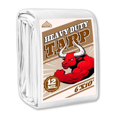 Tarp 6x10 ft Heavy Duty 12mil 100% Waterproof High Durability Multipurpose,Uv Resistant,White Tarp Suitable for Swimming Pools, Boats, Camping, Courtyards, Etc -by MVPNET
