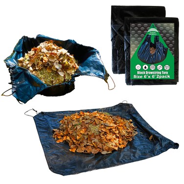 Drawstring Tarp 6x6 Feet (2pack), 9 mil Black Poly Tarp with Drawstring, Reusable Leaf Lawn Garden Yard Waste Tarp Bag by RAINDEWAY