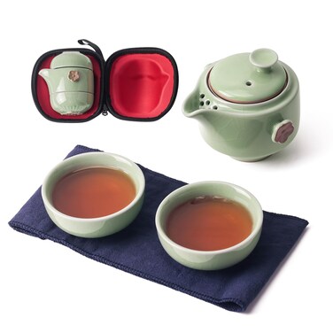 Travel Tea Set Ceramic Tea Pot Set Chinese Kung Fu Teapot Porcelain Gongfu Teacups with Infuser, Portable Bag 1 Pot 2 Mini Cup All in One for Home Office Outdoor Picnic Camping Hotel