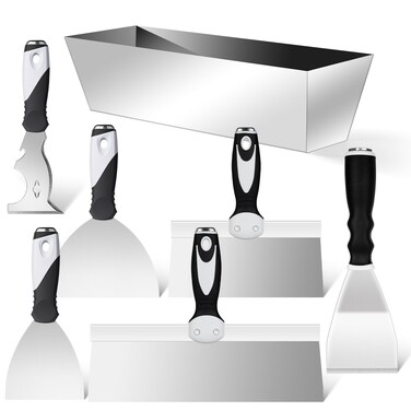 Mister Rui Drywall Tools, Drywall Knife Set, 7 Pieces Stainless Steel Putty Knife Set, Taping Knives, 10 in 1 Paint Scraper, Spackle Knife Set, Drywall Mud Tools for Drywall Finishing, Ceiling Removal