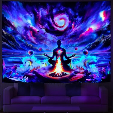 Amhokhui Blacklight Chakra Tapestry Yoga Meditation Tapestry UV Reactive Buddha Tapestry Trippy Spiritual Tapestry Hippy Aesthetic Tapestry Wall Hanging Decor for Bedroom
