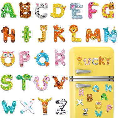 Copkim 26 Pcs Diamond Art Painting Magnets Magnet Letters for Fridge Fridge Magnetic Diamond Art Painting Kits Animal Letters Fridge Sticker Magnet for Craft Home Classroom Decor
