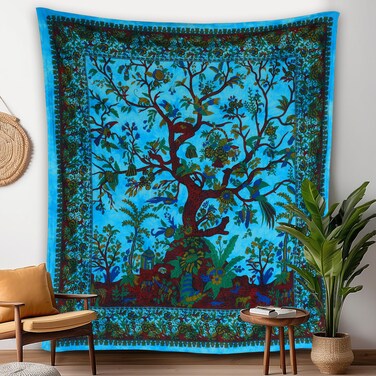 Craft Trade Wall Tapestry Asthetic Hippie Boho Wall Hanging Blue Tree of Life Tapestries for Bedroom Indian Floral Design Cotton Bedspread Picnic Sheet Wall Art Decor 50x60 Inches(127x152 cm)