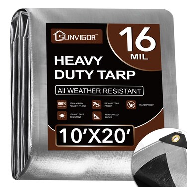 Tarp 10x20FT, Extra Thick 16Mil Heavy Duty Waterproof Tarps with Brass Grommets and Reinforced Edges, Tear &amp; Fade Resistant, 100% UV Blocking Outdoor Tarp for Roof Camping Patio Pool Boat (Silver)