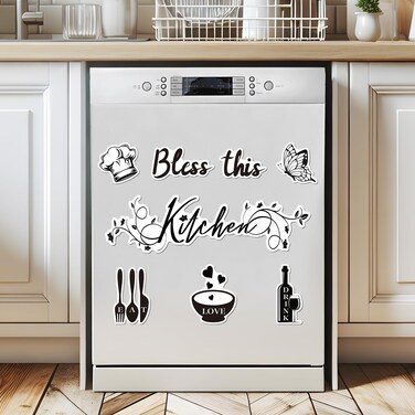Kitchen Dishwasher Magnet Decorations, Bless This Kitchen Dishwasher Refrigerator Cover Magnetic Stickers Decal Decorative for Home Appliance Garage Car Metal Door Cover Black White Kitchen Decor