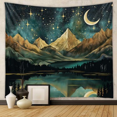 Tapzen Mountain Tapestry Nature Landscape Rocky Mountain Tapestry for Bedroom Aesthetic Forest Scenic Moon Tapestry Wall Hanging Tree Woods Wall Tapestry for Bedroom Living Room (47 x 36 inches)