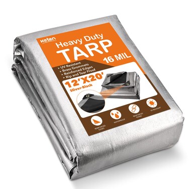 Keten Tarps Heavy Duty Waterproof 12X20 Feet, Extra Thick 16 Mil, Tear &amp; Fade Resistant, 100% UV Blocking, Outdoor Tarp with Reinforced Grommets for Roof, Camping, Patio, Pool, Boat(Silver/Black)