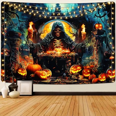 Invoibler Halloween Skull Tapestry Horror Pumpkin Tapestries Goth Witch Tapestry Moon Night Tapestry Misty Forest Tapestry Wall Hanging for Bedroom(70.9 x 92.5 inches)
