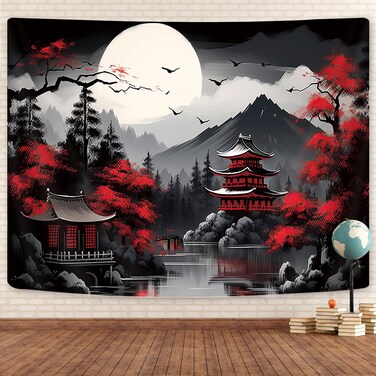 Mountain Forest Nature Tapestry for Bedroom, Black and White Moon Landscape Wall Hanging, Tree Sunset Dark Large Asia Japanese Tapestries Aesthetic Anime Art Decor for Living Room College Dorm, 60x40