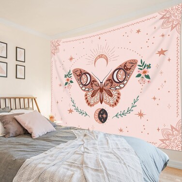 HVEST Butterfly Tapestry Pink Floral Plant Botanical Tapestries Wall Hanging Bohemia Mandala Tapestry Trippy Star Moon Tapestry for Bedroom Living Room Party Wall Decor, 92.5W X 70.9H inches