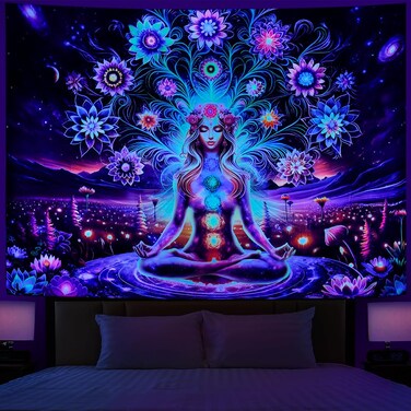 Dermijer Blacklight Tapestry Seven Chakra Yoga Meditation Tapestry Flower Chakra Tapestry Galaxy Space Planet Tapestry UV Reactive Lotus Spiritual Tapestry Wall Hanging for Home Decor L92.5&Atilde;&mdash;W70.8