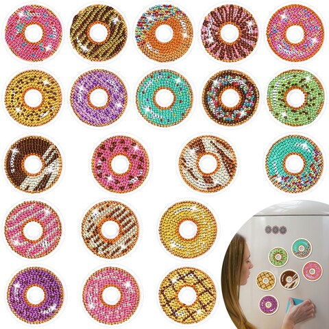 Whaline 20Pcs Donut Diamond Drawing Refrigerator Magnets DIY Colorful Donuts Rhinestone Painting Full Drill Painting Magnetic Stickers Diamond Art Kits for Fridge Whiteboards Crafts Home Decor