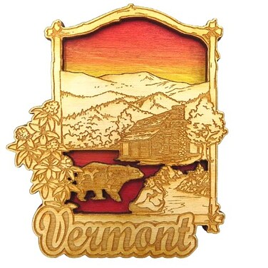 Wooden Vermont and Cabin Outdoor Scenery Laser Cut Magnet, Painted Rustic State Souvenir and Collectible Accessories for Refrigerators, Lockers, or Whiteboards, 3.25 Inches