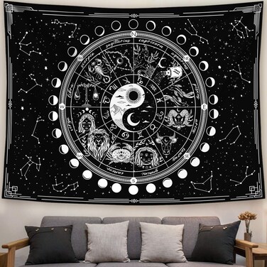 Kanuyee Twelve Constellation Tapestry,Black and White &iuml;&frac14;&OElig;Sun and Moon &iuml;&frac14;&OElig;Yin and Yang Tapestry Mystic Wall Hanging Tapestry for Home Decor (35"x47")