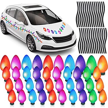 Macarrie 100 Pcs Reflective Christmas Car Magnets Set 40 Pcs Reflective Bulb Light Magnets with 60 Pcs Magnet Wires Christmas Car Magnets Decals Decor for Car Refrigerator Garage Mailbox Metal Surface