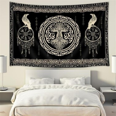 Hajmsug Vikings Tapestry,Black and White Tree Bird of Wisdom Celtic Rune Ancient Rune Totem Norse Mythology Medieval Viking Wall Art,Aesthetic Mythology Tapestry for Bedroom Living Room,80X60 Inch.