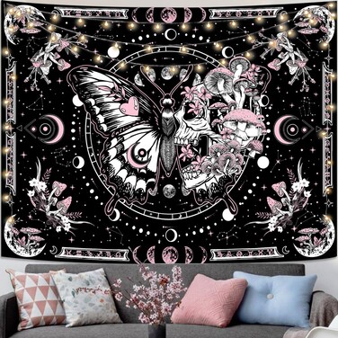 Fungarth Skeleton Butterfly Tapestry Pink Skull Hippie Mushroom Plants Tapestry for Bedroom Moon phase Aesthetic Tapestries Wall Hanging for Living Room Dorm (Pink, 48&acirc;&euro; x 36&acirc;&euro;)