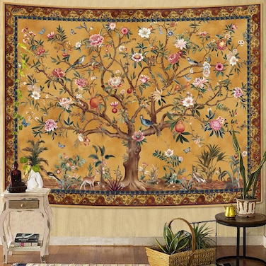 Faxdong Boho Tree of LIfe Tapestry, Vintage Flower Leaves Birds Plant Animal Pattern Tapestries, Retro Indian Bohemian Aesthetic Wall Hanging Orange Yellow 44&Atilde;&mdash;60 inch