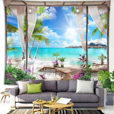 QCWN Beach Decor Tapestry, Ocean Sea Tropical Island Palm Tree Scenic View From Balcony Summer Tropical Scenery Wall Hanging Nature Tapestry For Bedroom Living Room Dorm.78x58Inch