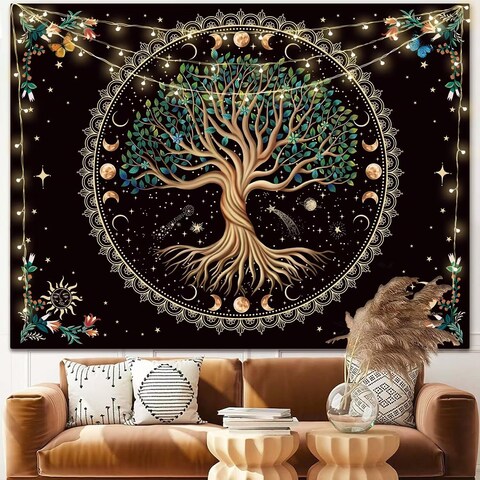 Moon Phase Tree of Life Tapestry Nature Flower Plant Butterfly Tapestries Boho Mandala Spiritual Tapestry Aesthetic Wall Hanging for Home Decor Bedroom Living Room Dorm Decor (35.44&quot; x 47.25&quot;, Blue)