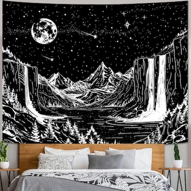 Lunerfex Starry Night Mountain Tapestry Black and White Wall Tapestry Celestial Landscape Tapestry Wall Hanging for Bedroom and Living Room Decor Mountain Black 60&Atilde;&mdash;80 Inches