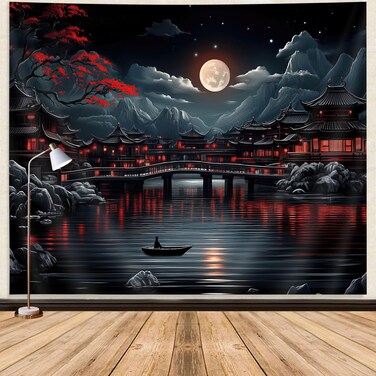 GOAOK Japanese Anime Tapestry, Cool Red and Black Dark Nature Mountain Riverside Full Moon Landscape Aesthetic Tapestry for Men, Asia Japanese Art Tapestries for Bedroom Living Room College, 60"X40
