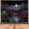GOAOK Japanese Anime Tapestry, Cool Red and Black Dark Nature Mountain Riverside Full Moon Landscape Aesthetic Tapestry for Men, Asia Japanese Art Tapestries for Bedroom Living Room College, 60"X40