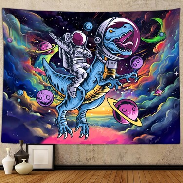 Funny Space Astronaut Dinosaur Tapestry for Men Guys Bedroom, Cool Trippy Universe Planet Art Tapestries Wall Hanging College Dorm Boys Room Decor 80"X60" Psychedelic Blacklight Galaxy Poster Blanket