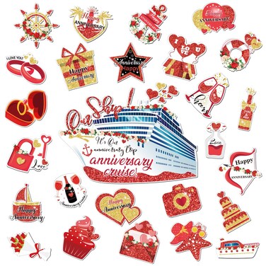 Rumia 26Pcs Anniversary Cruise Door Decorations Magnets Red Gold Refrigerator Magnet Happy Ship Magnetic Sticker Decals for Car Honeymoon Valentine Wedding Party Favors