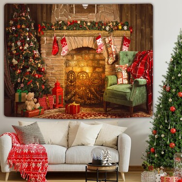 Winter Christmas Backdrop Party Tapestry Wall Hanging, Xmas Santa Claus Tree and Fire Place for Background Tapestries, Holiday Wall Tapestry for Bedroom Living Room Dorm Wall Decor, 80x60 inch