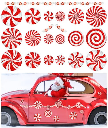 Whaline 30Pcs Christmas Reflective Car Magnets Red White Candy Garland Car Magnetic Stickers Holiday Automotive Garage Magnet Decals for Xmas Winter Mailbox Cabinets (Not for Aluminum Alloy Vehicle)