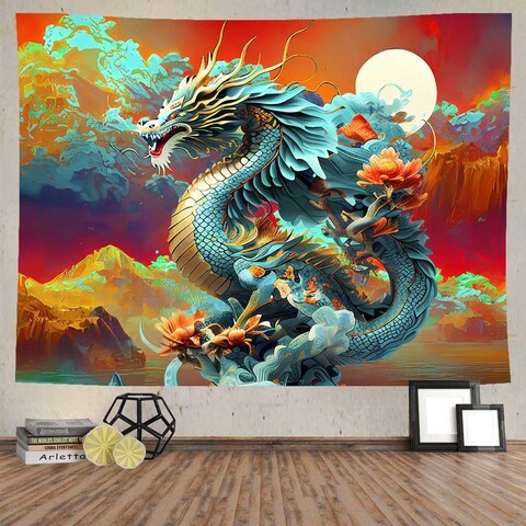 Ine Ive Japanese dragon Tapestry Wall Hanging 80x60 Inch Asian Anime Wall Poster Moon Cloud Misty Mountains Watercolor Painting Art Tapestries for Bedroom Living Room Dorm Decoration